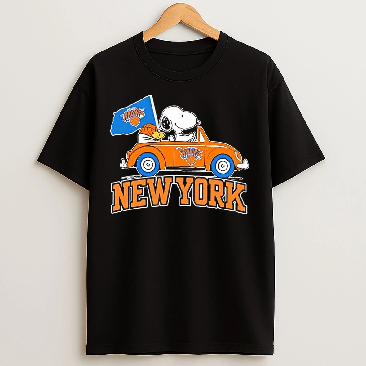 Classic Snoopy And Woodstock Riding Car New York Knicks T Shirts