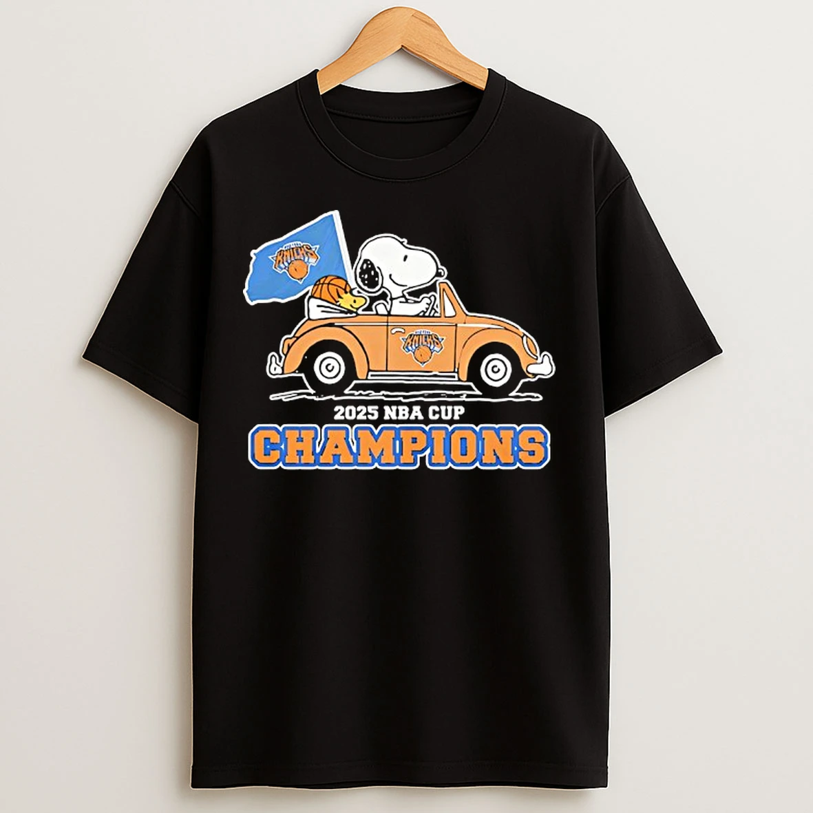 Classic Snoopy And Woodstock Riding Car New York Knicks Basketball Nba Cup Champions 2025 T Shirts