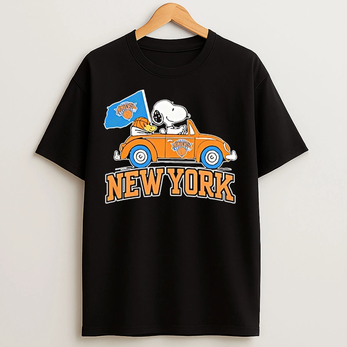 Classic Snoopy And Woodstock Riding Car New York Knicks Basketball T Shirts