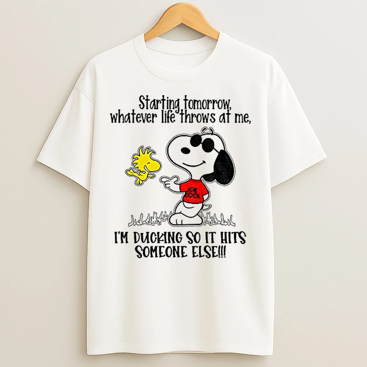 Classic Snoopy And Woodstock Starting Tomorrow Whatever Life Throws At Me Im Ducking So It Hits T Shirts