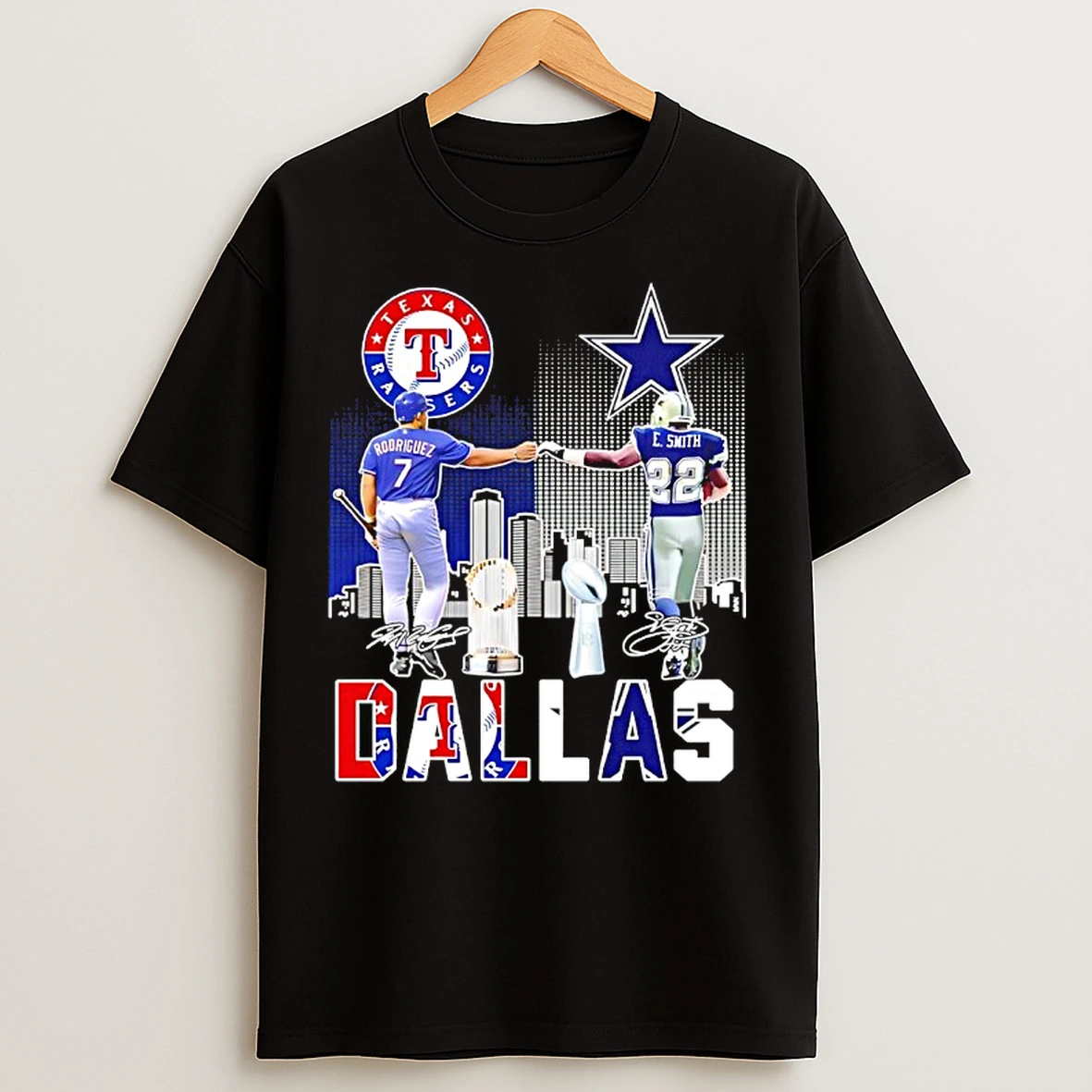 Classic Sports In Dallas Rangers Rodriguez And Cowboys E Smith Signatures T Shirts