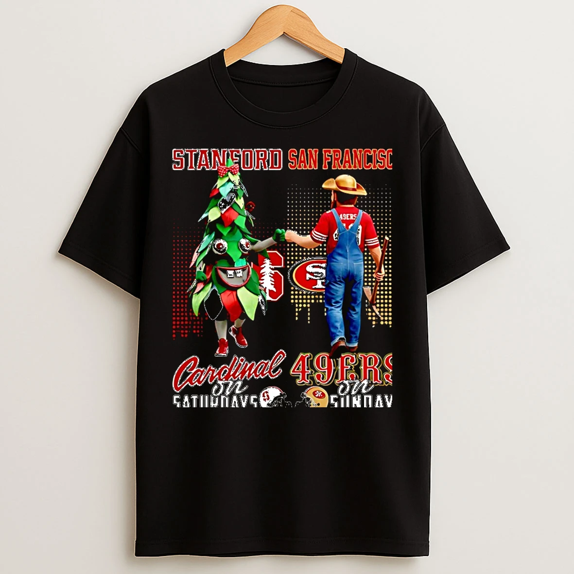 Classic Stanford Cardinal On Saturdays Vs San Francisco 49ers On Sundays Mascot Skyline Christmas T Shirts
