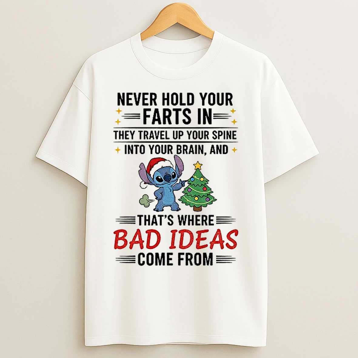 Classic Stitch Santa Christmas Tree Never Hold Your Farts In The Travel Up Your Spine Into Your Brain Merry Xmas T Shirts