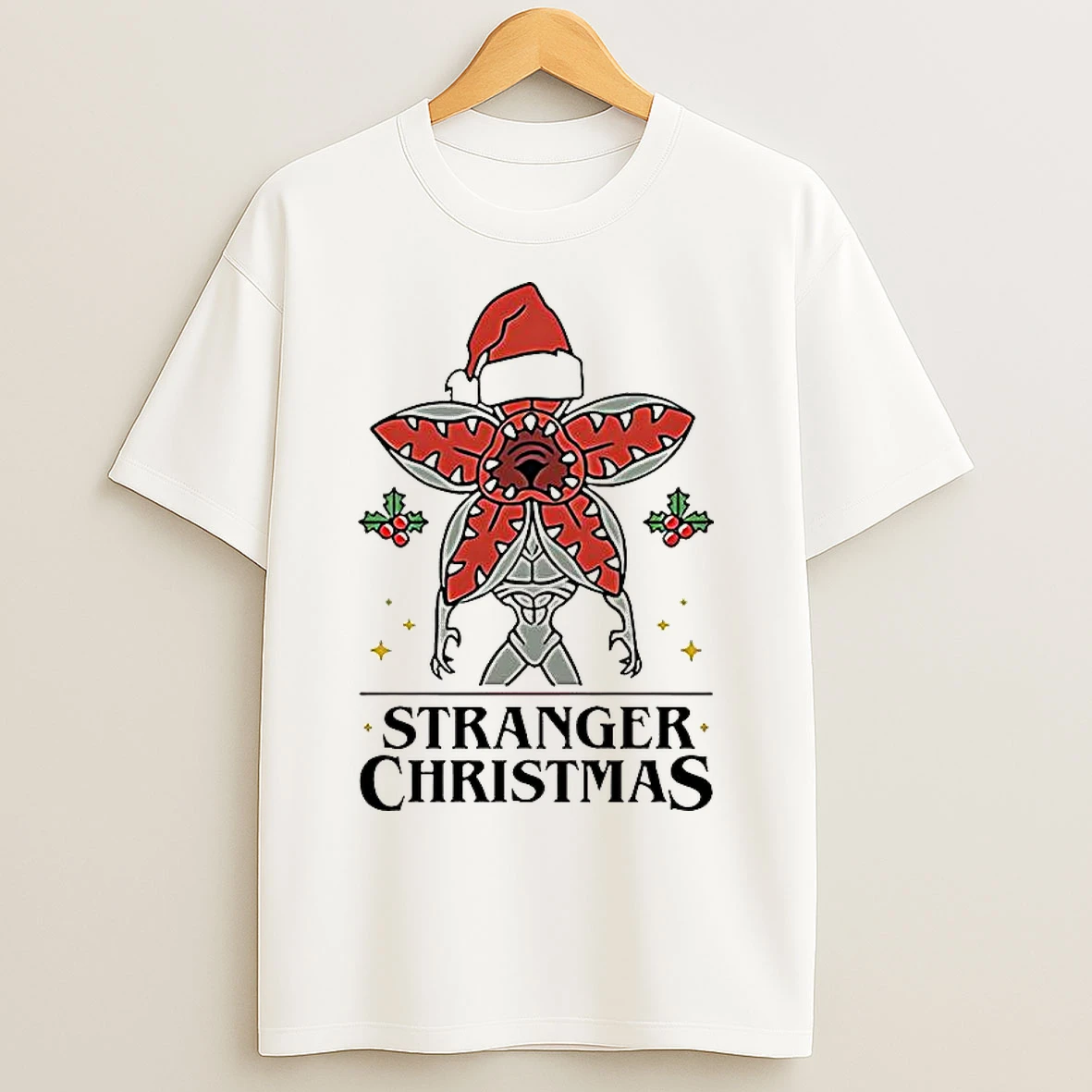 Classic Stranger Christmas Demogorgon Santa Hat Mistletoe Branches Stranger Things T Shirts