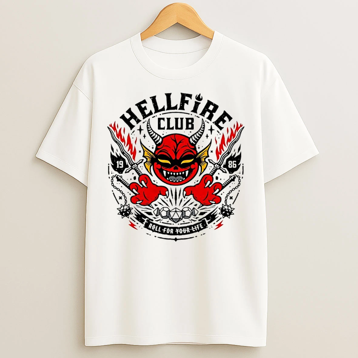 Classic Stranger Things Hellfire Club 1986 Roll For Your Life Logo T Shirts