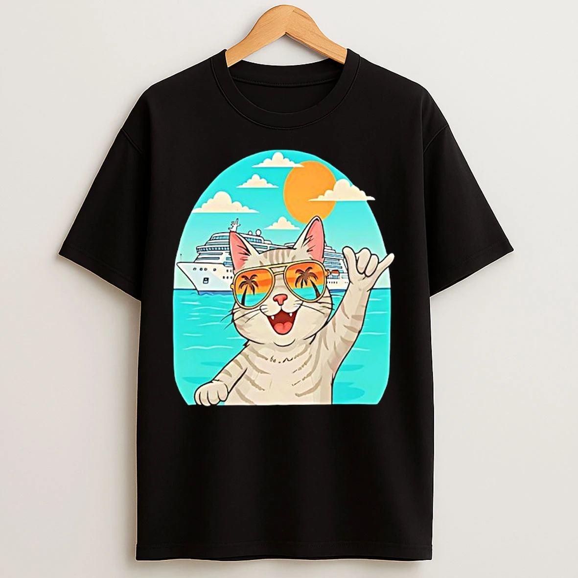 Classic Tabby Cat Wearing Sunglasses Behind Yacht Holiday Funny T Shirts