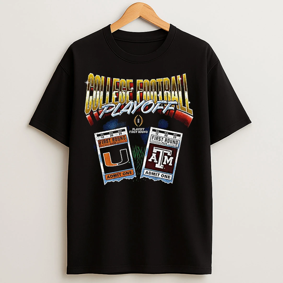 Classic Texas Am Aggies Vs Miami Hurricanes Matchup Ticket Youth College Football Playoff 2025 First Round T Shirts