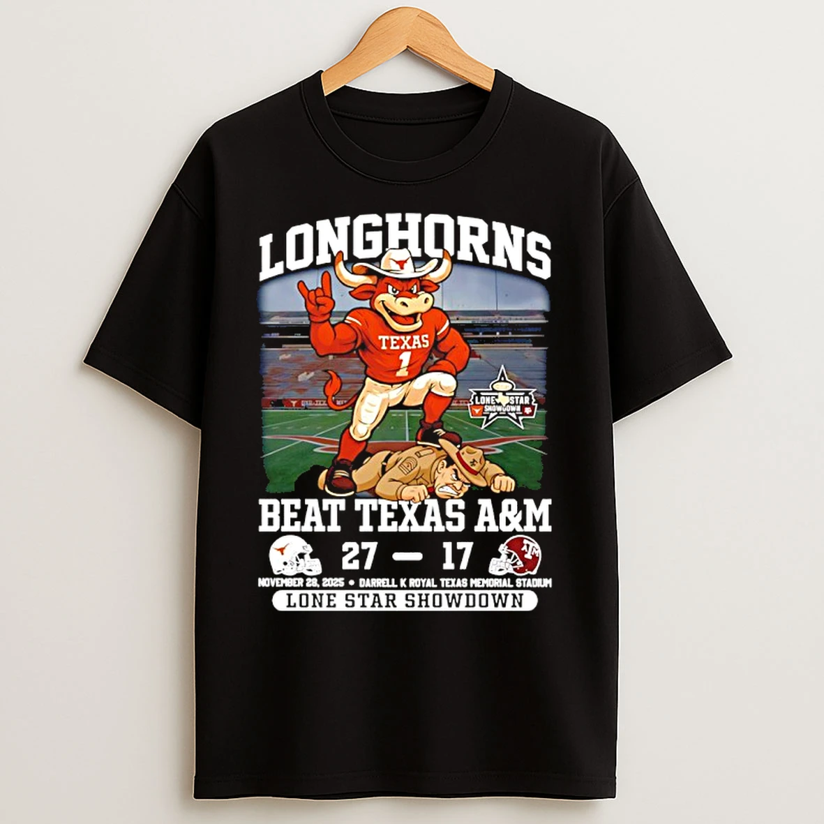 Classic Texas Longhorns Beat Texas Am 27 17 Score Lone Star Showdown Mascot T Shirts