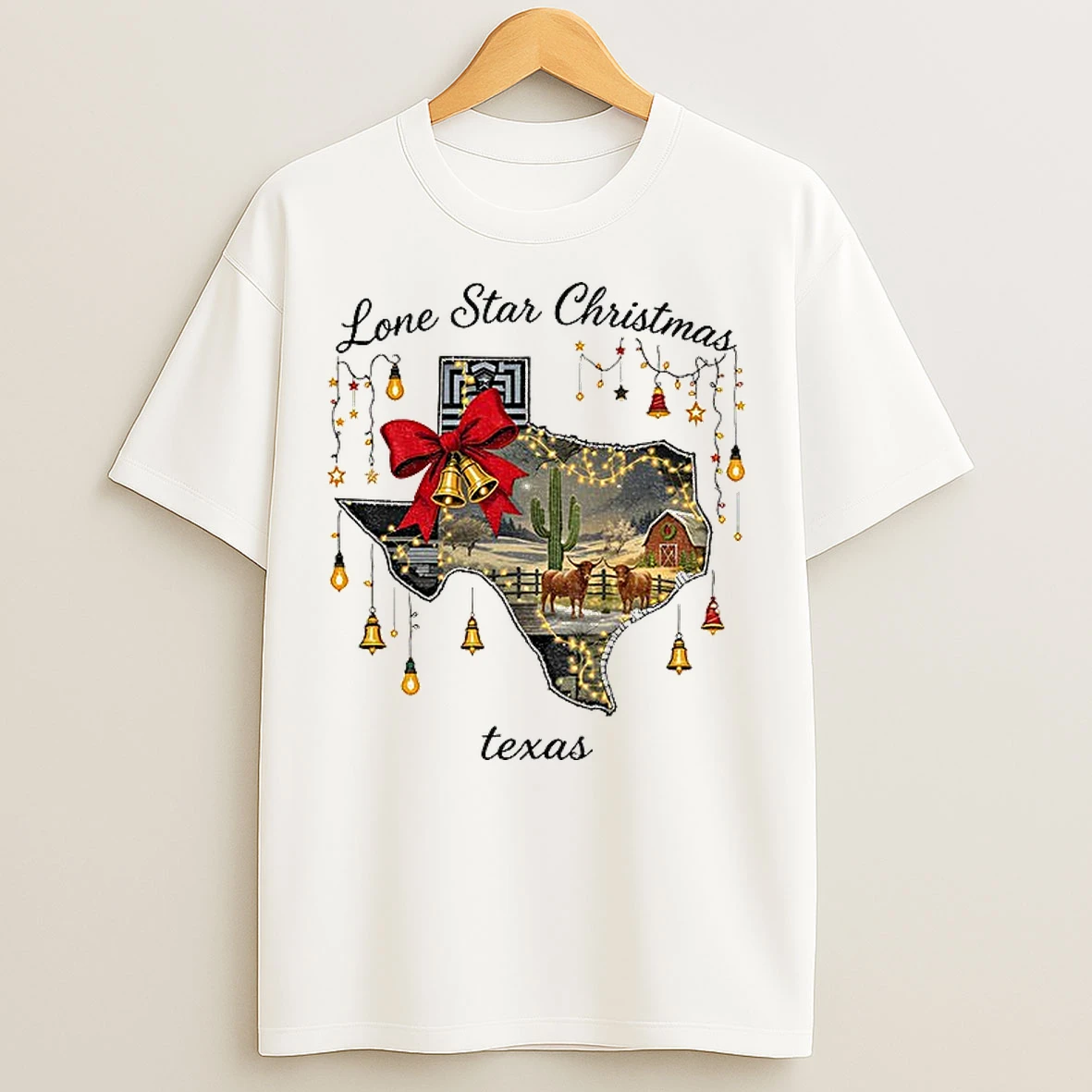 Classic Texas Merry Christmas Lone Star Christmas Festive Lights And Bells T Shirts