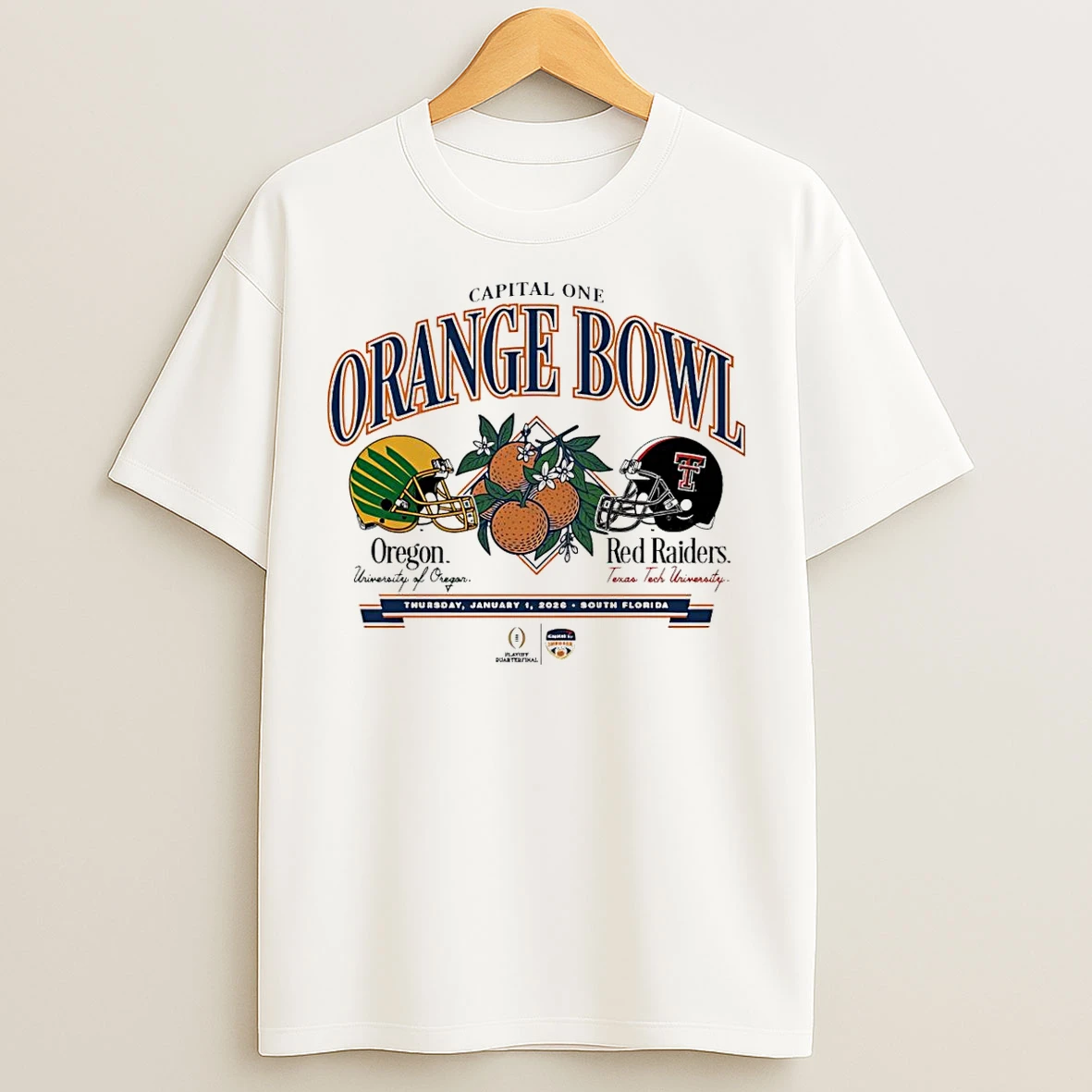 Classic Texas Tech Red Raiders Vs Oregon Ducks 2026 Orange Bowl Helmet T Shirts