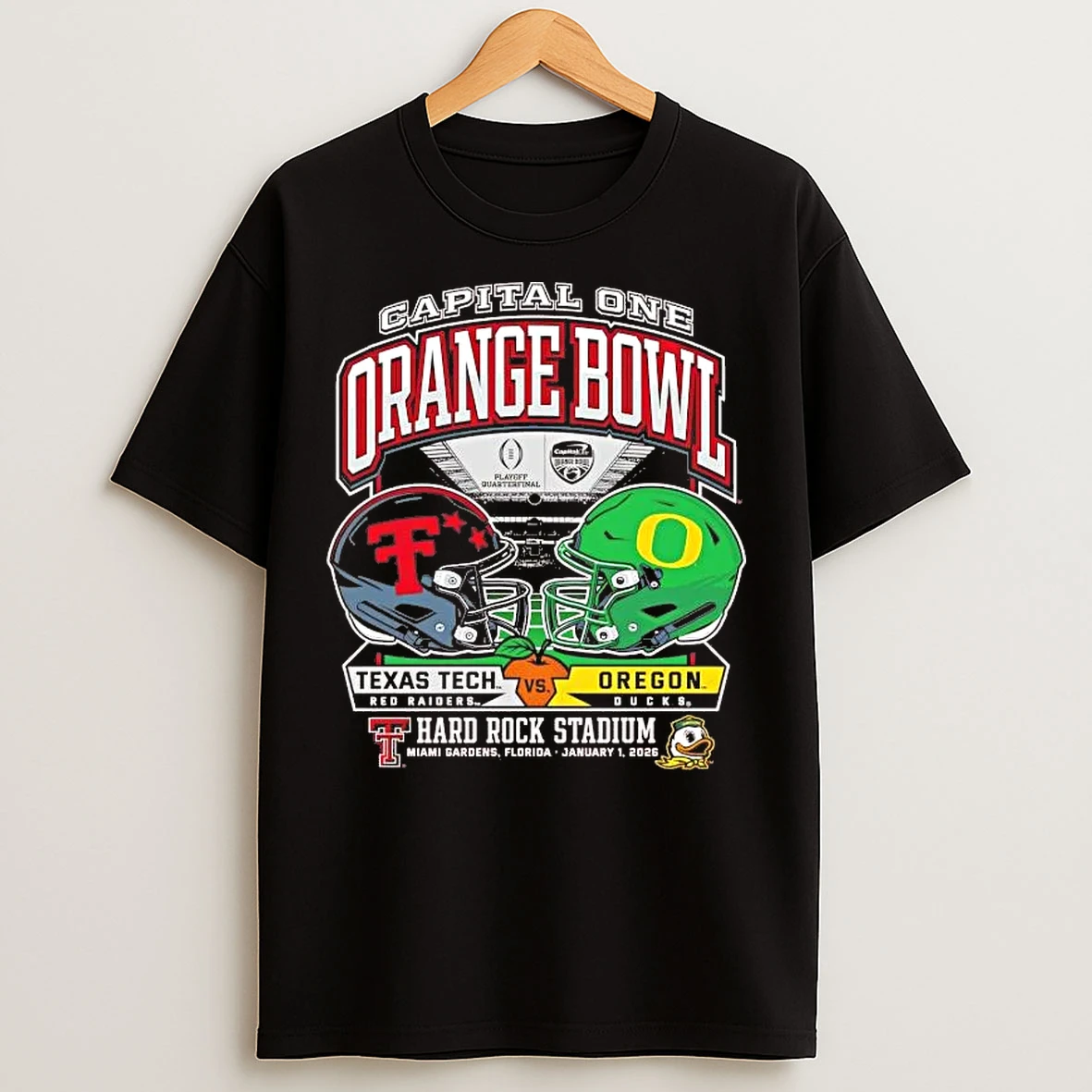 Classic Texas Tech Red Raiders Vs Oregon Ducks 2025 Orange Bowl Head To Head Helmet T Shirts