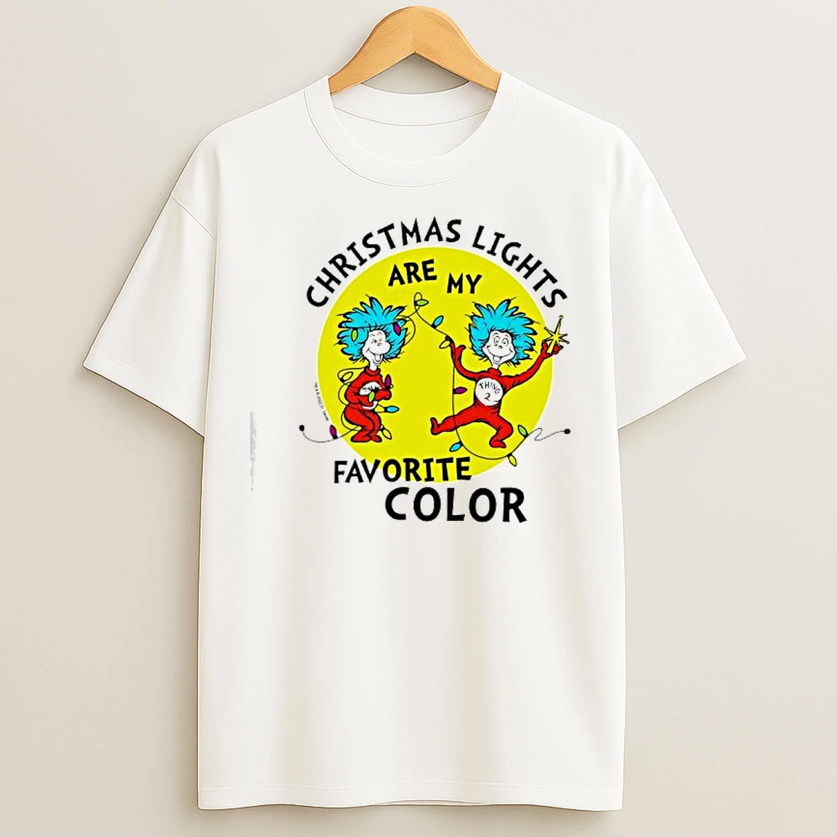 Classic The Cat In The Hat Christmas Lights Are My Favorite Color Juniors Cropped Graphic T Shirts