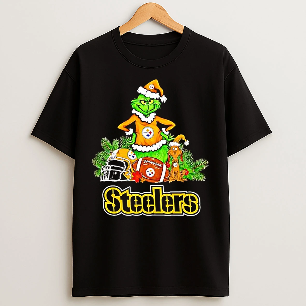 Classic The Grinch And Max Pittsburgh Steelers Christmas Helmet Items T Shirts