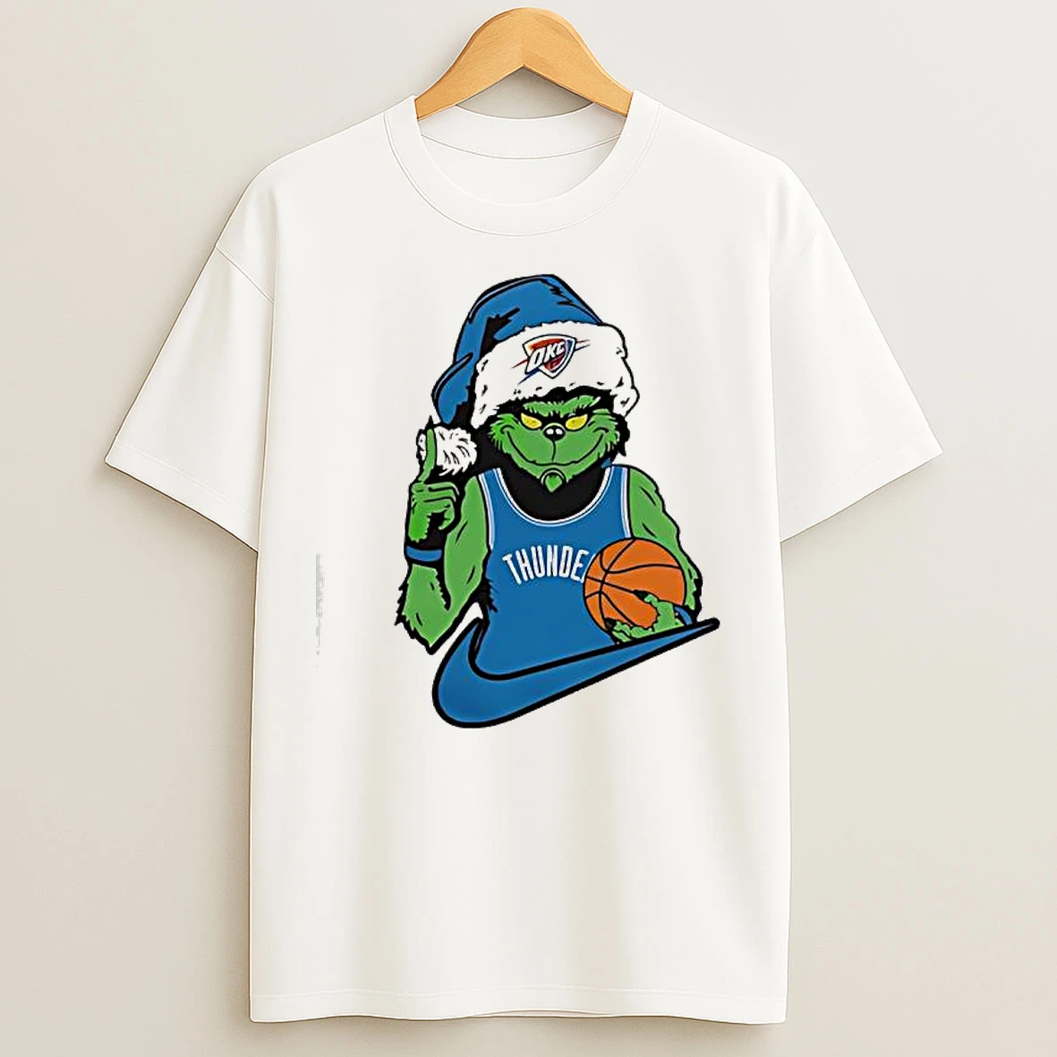 Classic The Grinch In An Oklahoma City Thunder Jersey Santa Hat T Shirts