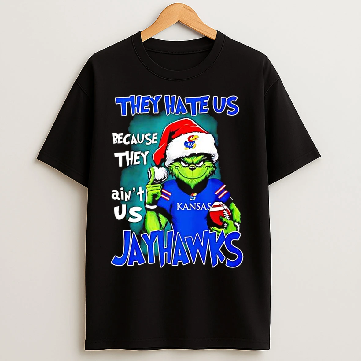 Classic They Hate Us Because They Aint Us Kansas Jayhawks Grinch Wearing Santa Hat T Shirts