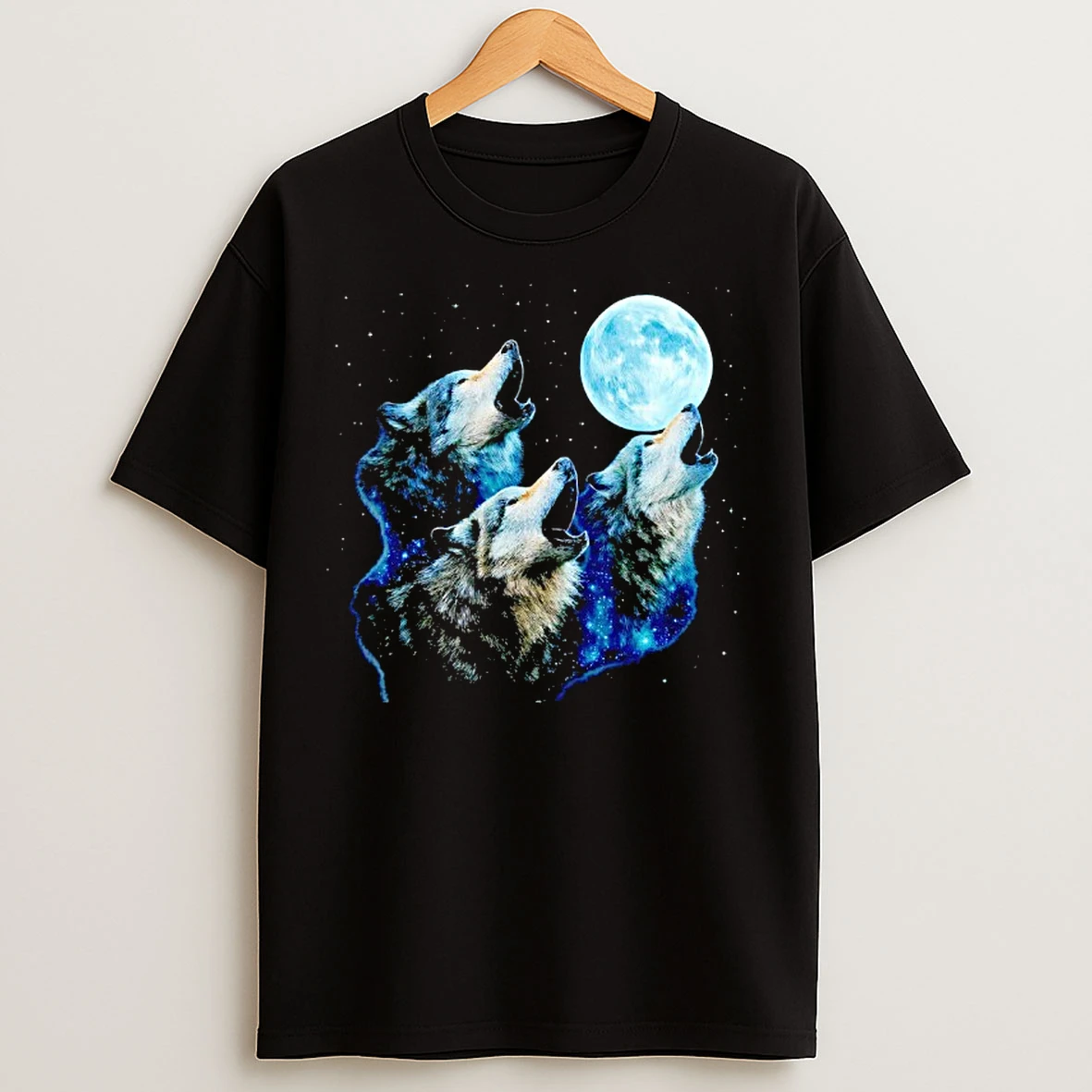 Classic Three Wolves Howling At Cyan Moon Night Mystic Glow T Shirts