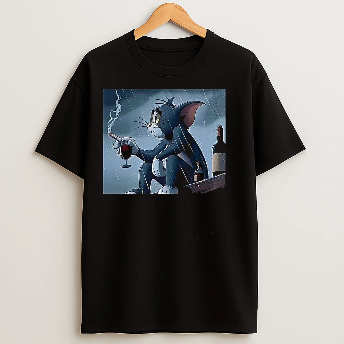 Classic Tom Pensive And Sad Smoking In The Rain Cartoon T Shirts