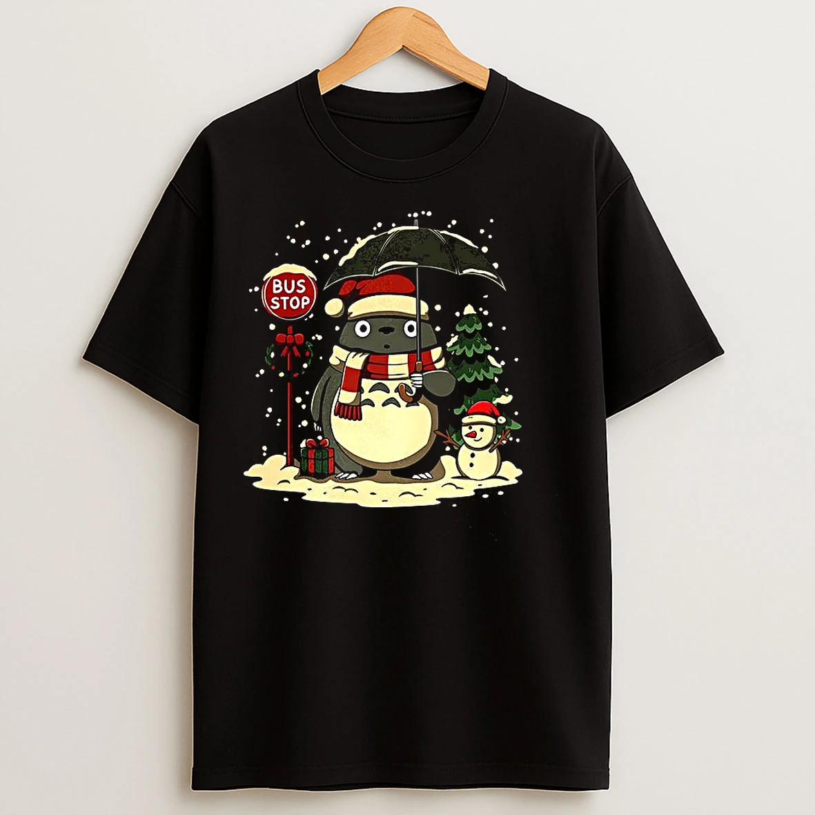 Classic Totoro And Snowman Winter Bus Stop Cartoon T Shirts