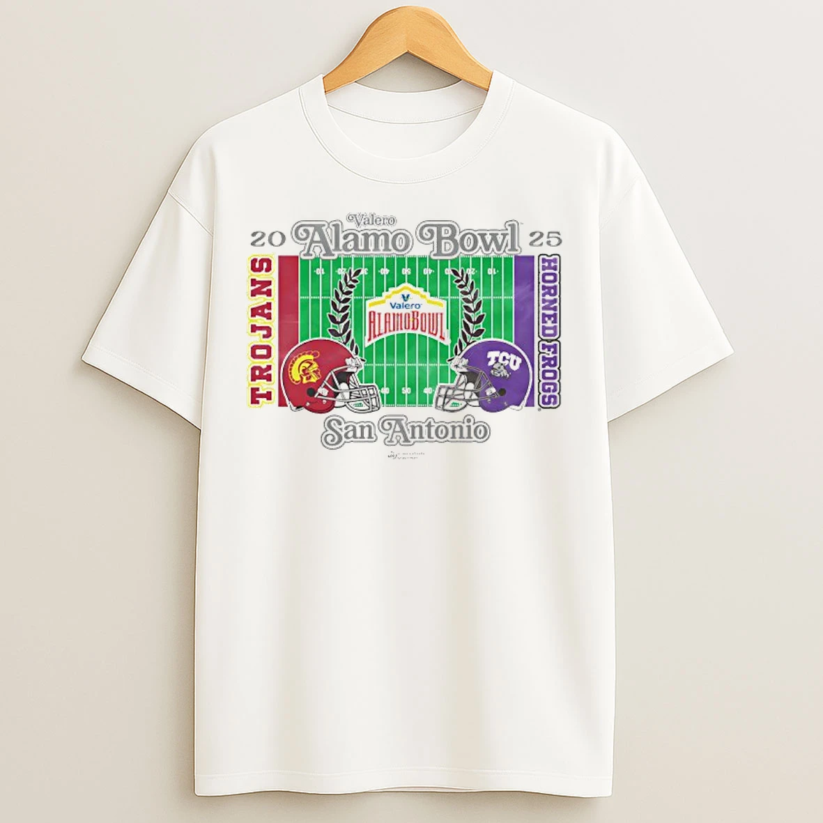 Classic Usc Trojans Vs Tcu Horned Frogs 2025 Valero Alamo Bowl 2 Team Stadium T Shirts