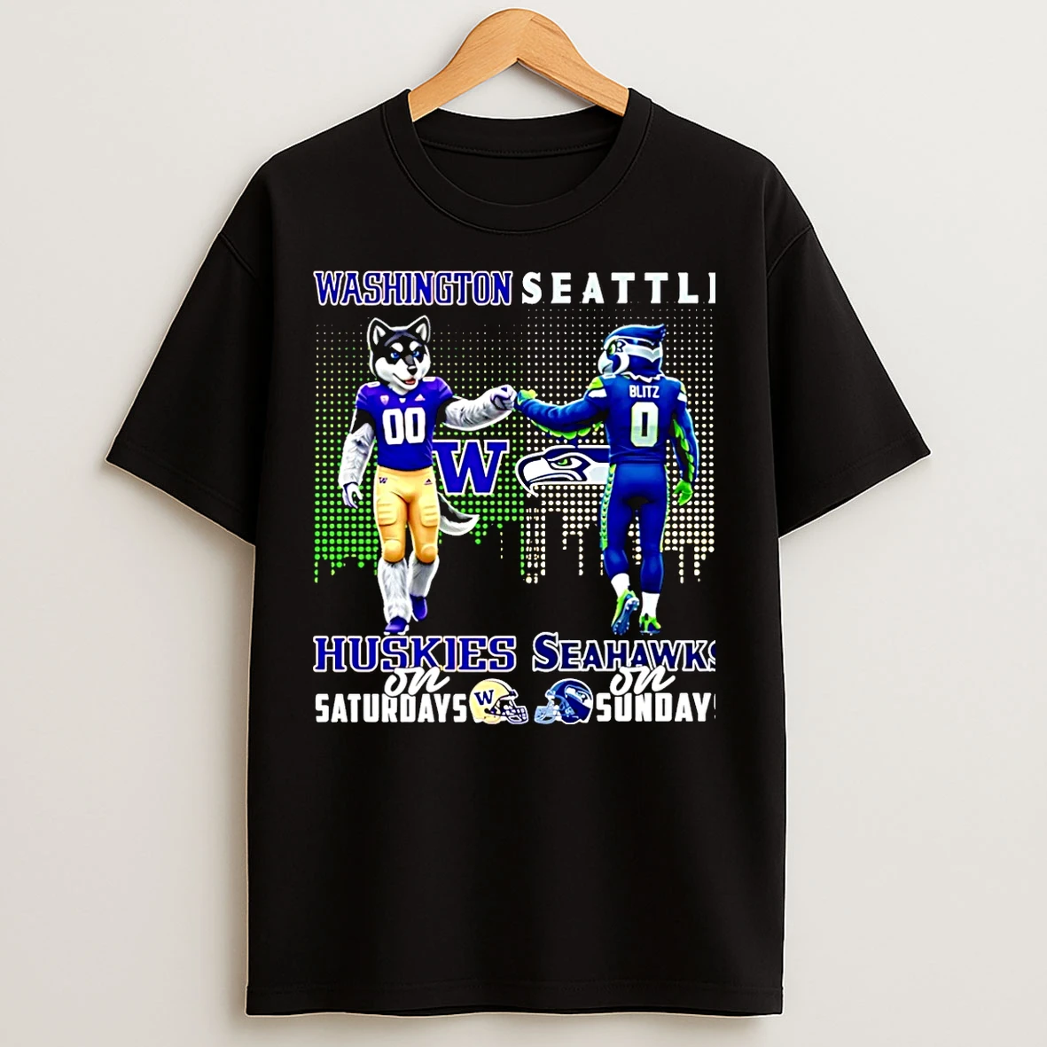Classic Washington Huskies On Saturdays Vs Seattle Seahawks On Sundays Mascot Skyline Christmas T Shirts