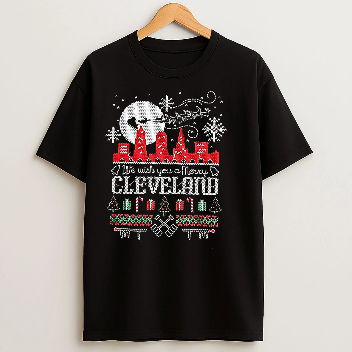 Classic We Wish You A Merry Cleveland Skyline Ugly Christmas T Shirts