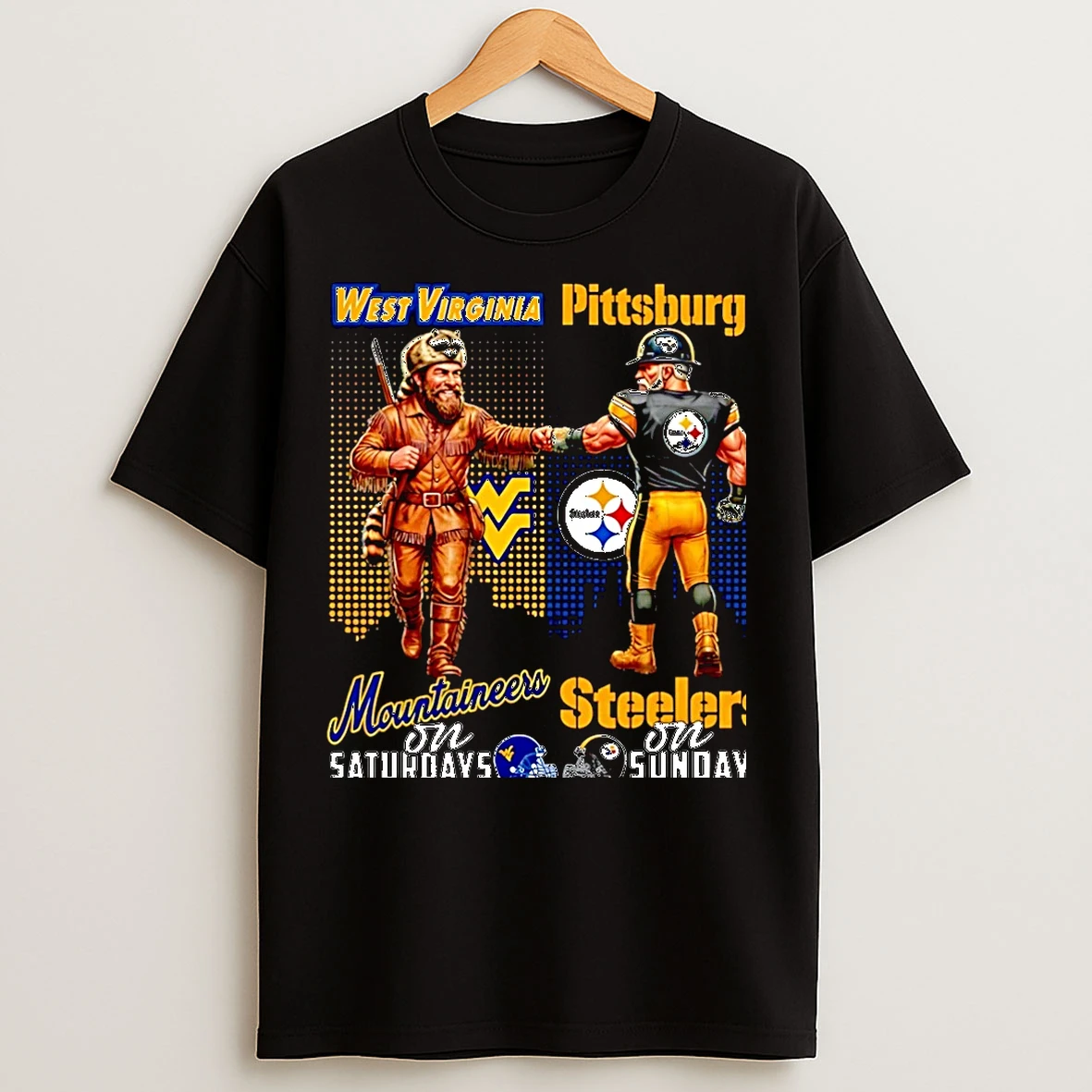 Classic West Virginia Mountaineers On Saturdays Vs Pittsburgh Steelers On Sundays Mascot Skyline Christmas T Shirts