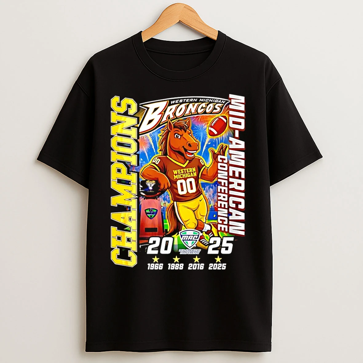 Classic Western Michigan Broncos 2025 Mid American Conference Champions 4 Time Mascot T Shirts