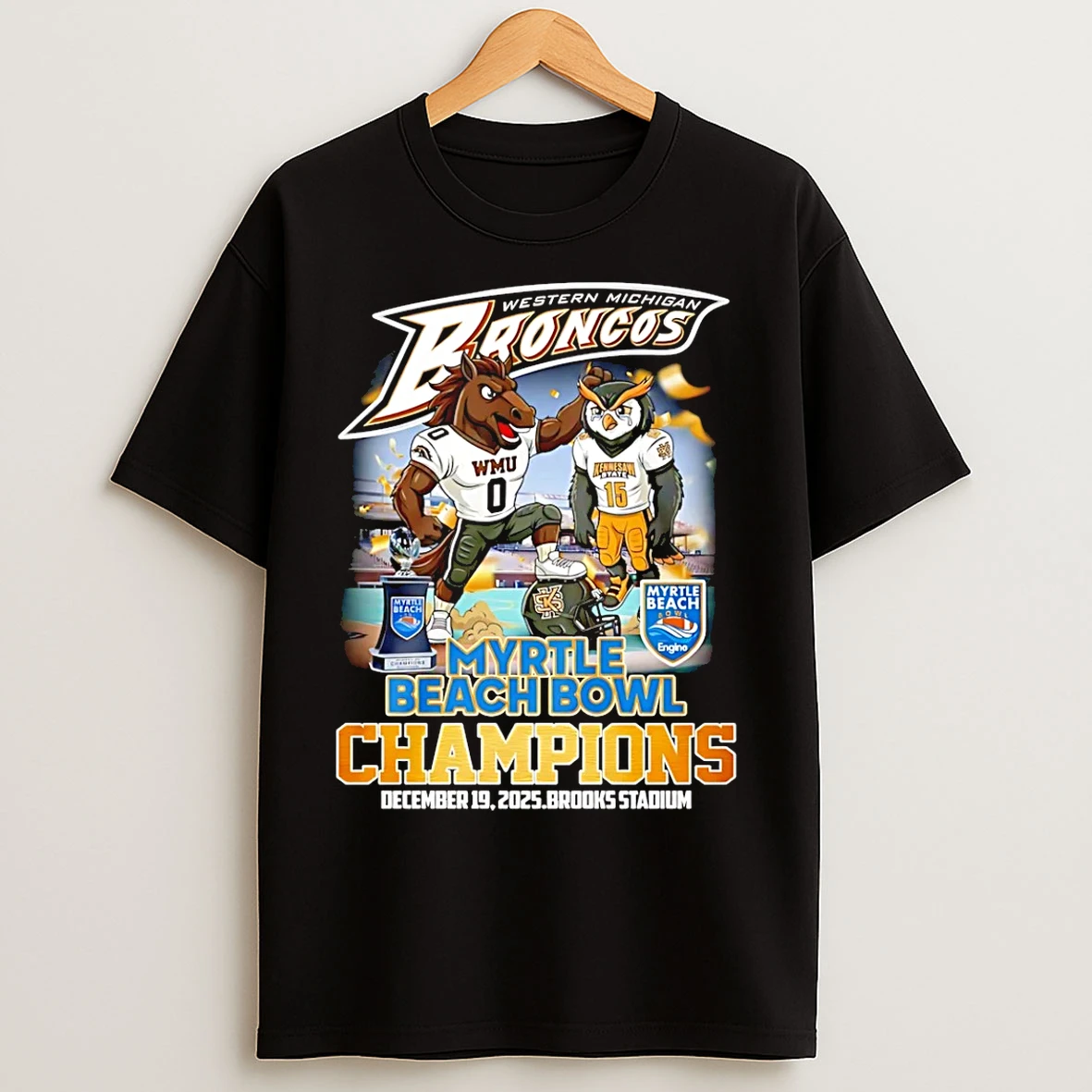 Classic Western Michigan Broncos 2025 Myrtle Beach Bowl Champions Mascot T Shirts