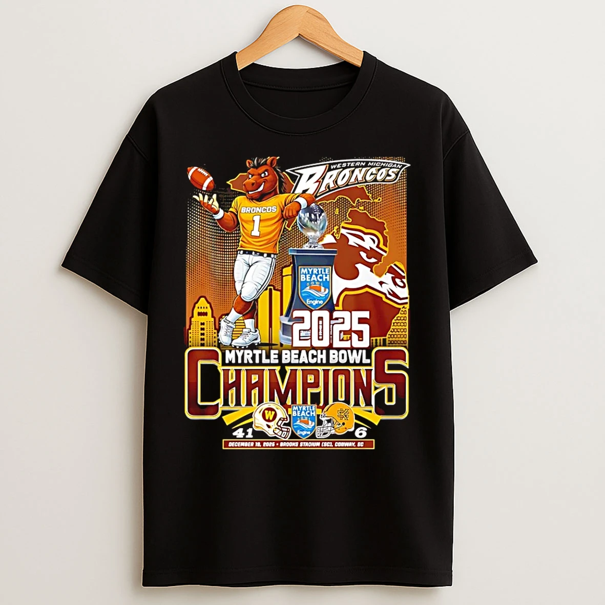 Classic Western Michigan Broncos 2025 Myrtle Beach Bowl Champions Score T Shirts