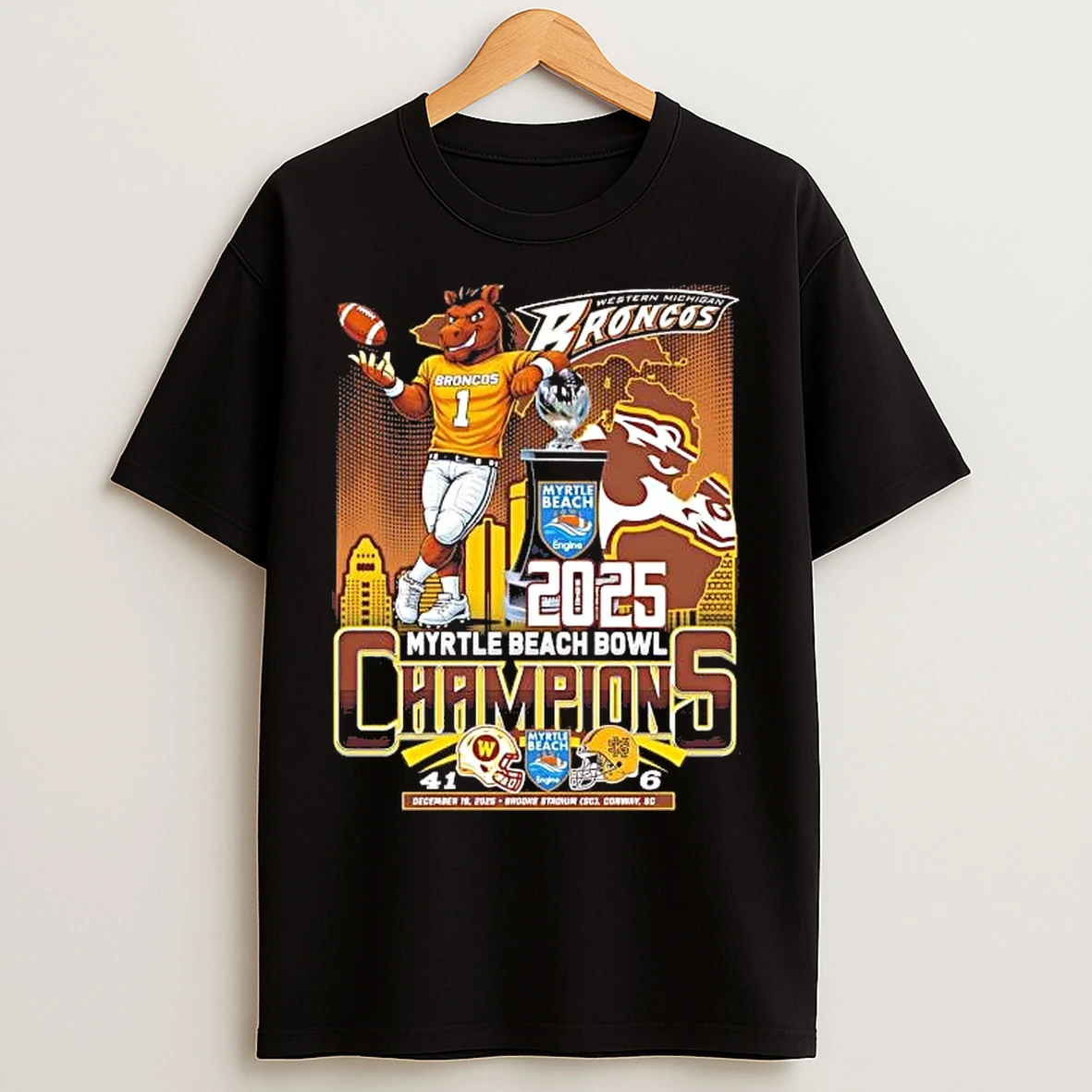 Classic Western Michigan Broncos 2025 Myrtle Beach Bowl Champions Skyline T Shirts
