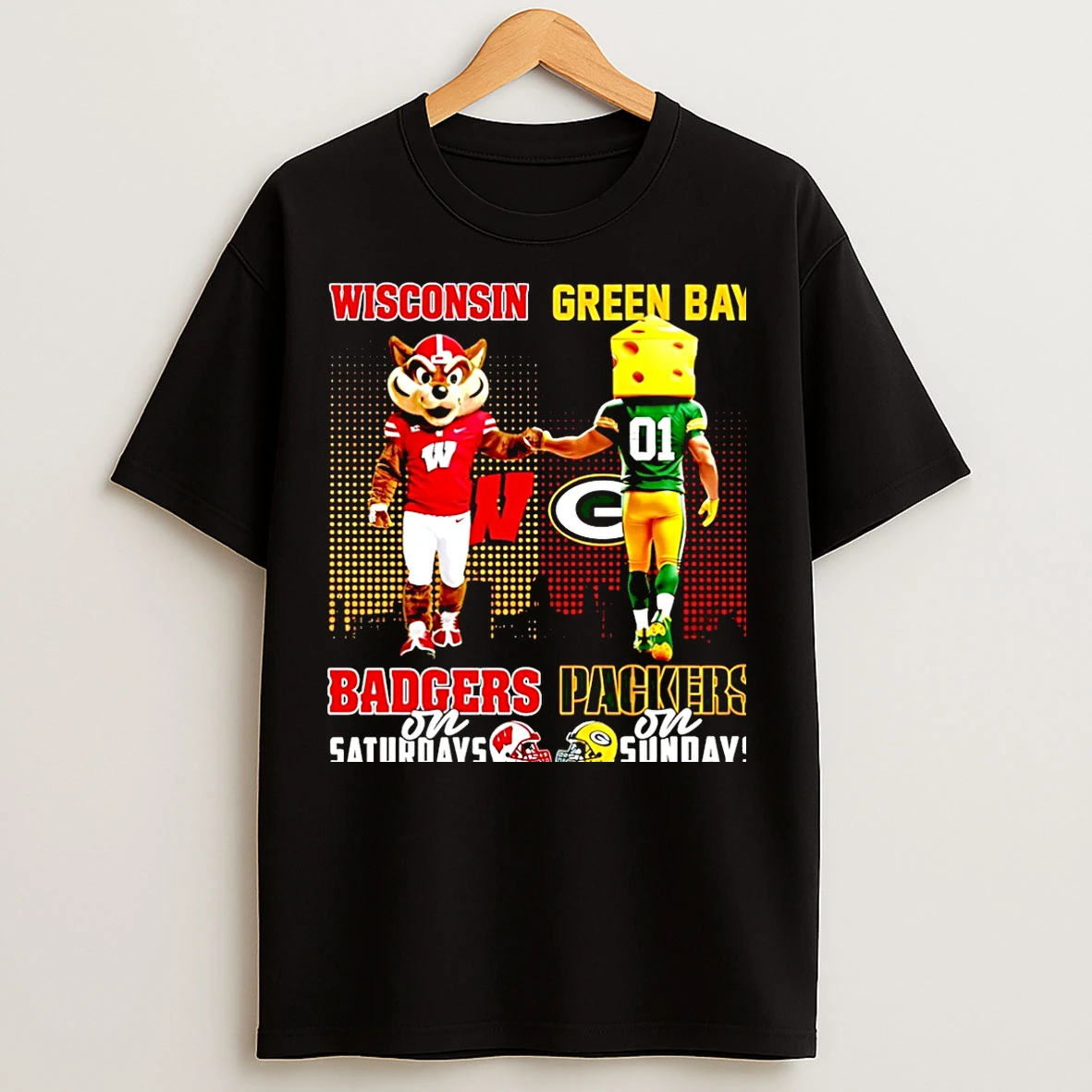 Classic Wisconsin Badgers On Saturdays Vs Green Bay Packers On Sundays Mascot Skyline Christmas T Shirts