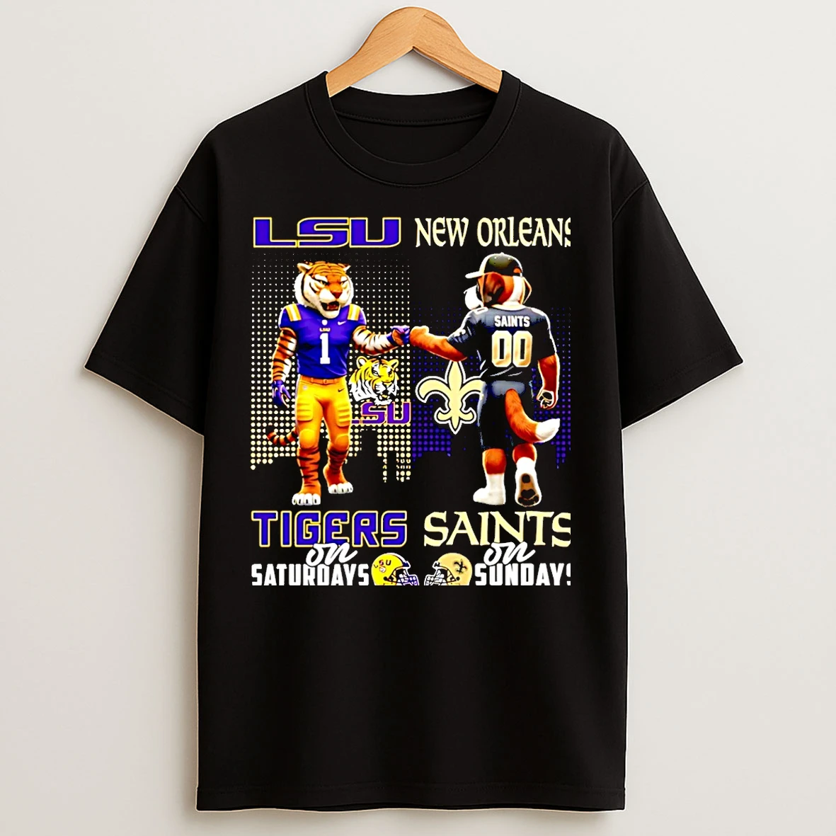 Classic Lsu Tigers On Saturdays Vs New Orleans Saints On Sundays Mascot Skyline Christmas T Shirts