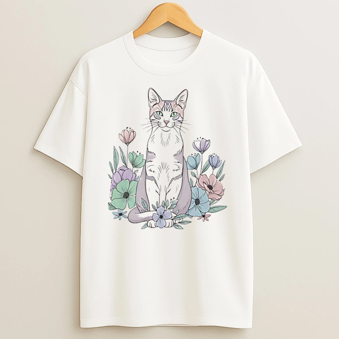 Cute Sitting Cat In Floral Garden Watercolor Shirts