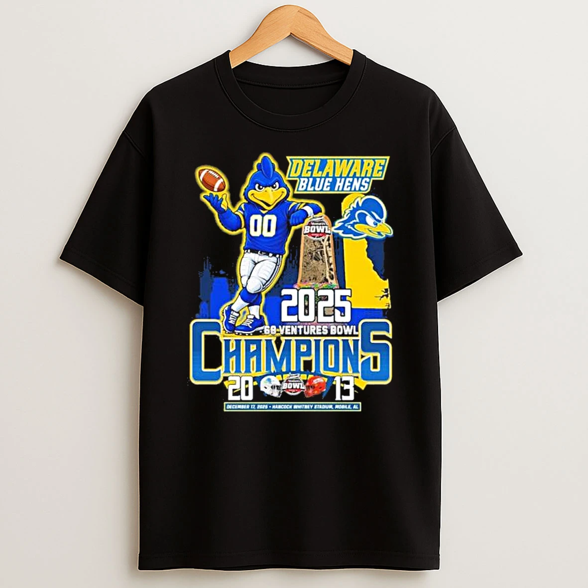 Delaware Blue Hens Mascot 2025 68 Ventures Bowl Champions Score Shirts