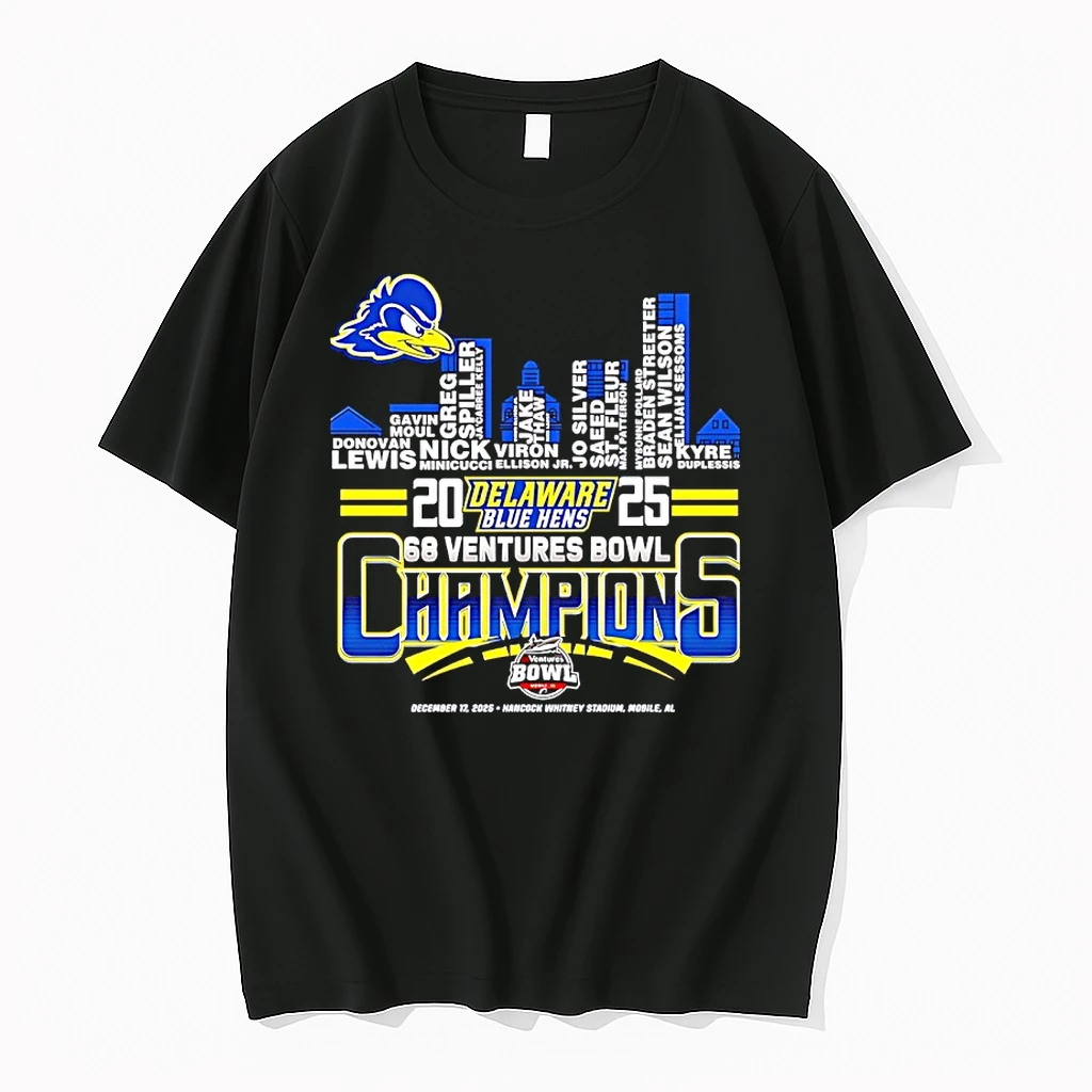 Delaware Fightin Blue Hens 2025 68 Ventures Bowl Champions Players Names City Skyline Shirts