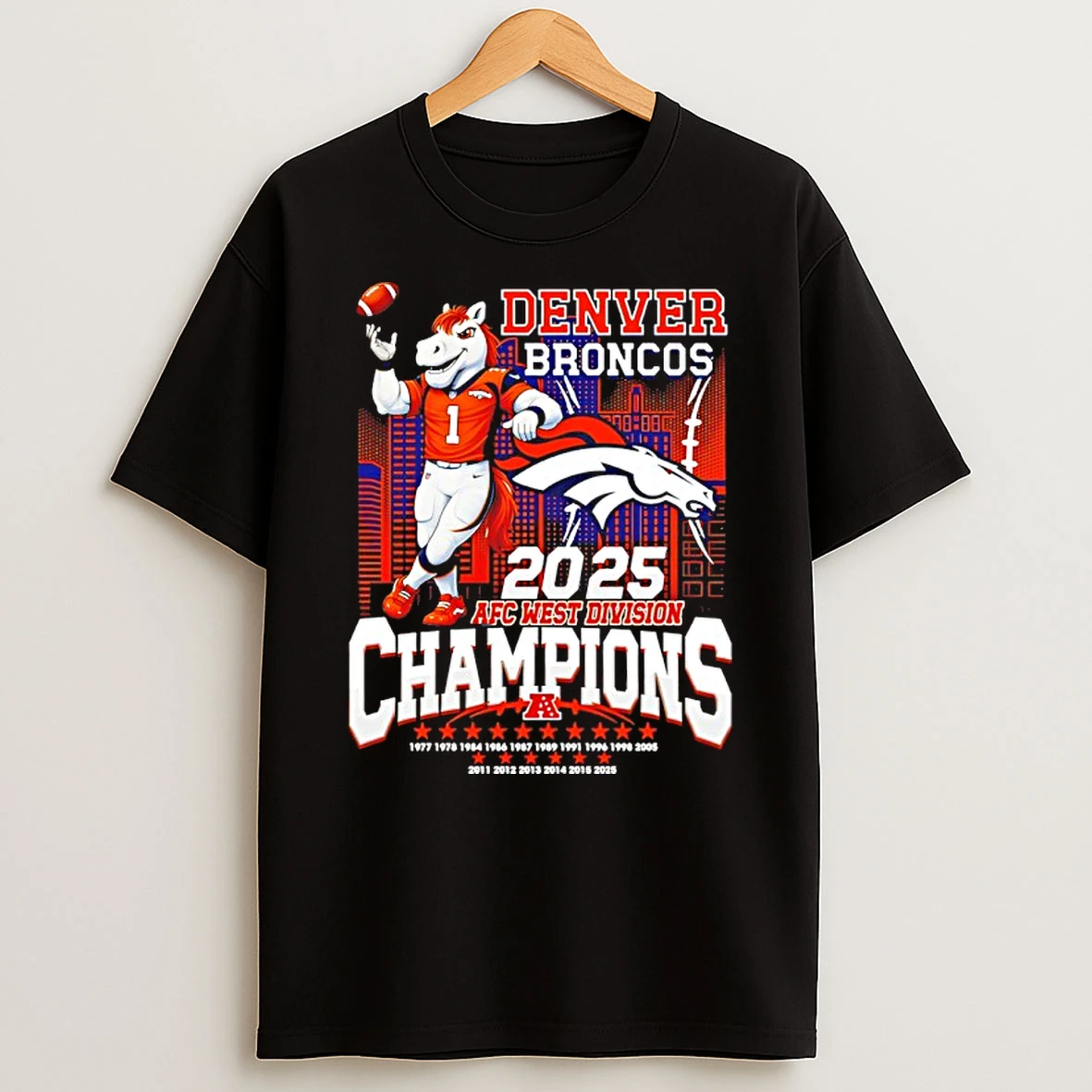 Denver Broncos 2025 Afc West Division Champions Mascot City Skyline Shirts