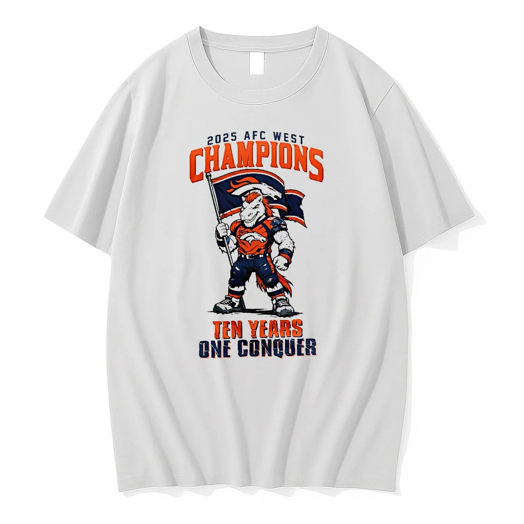 Denver Broncos 2025 Nfl Afc West Champions Ten Years One Conquer Mascot Flag Shirts