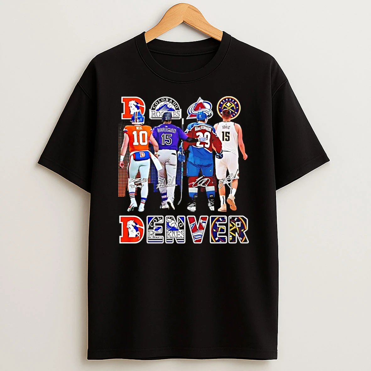 Denver Broncos Bo Nix Rockies Goodman Avalanche Mackinnon Nuggets Jokic City Skyline Shirts