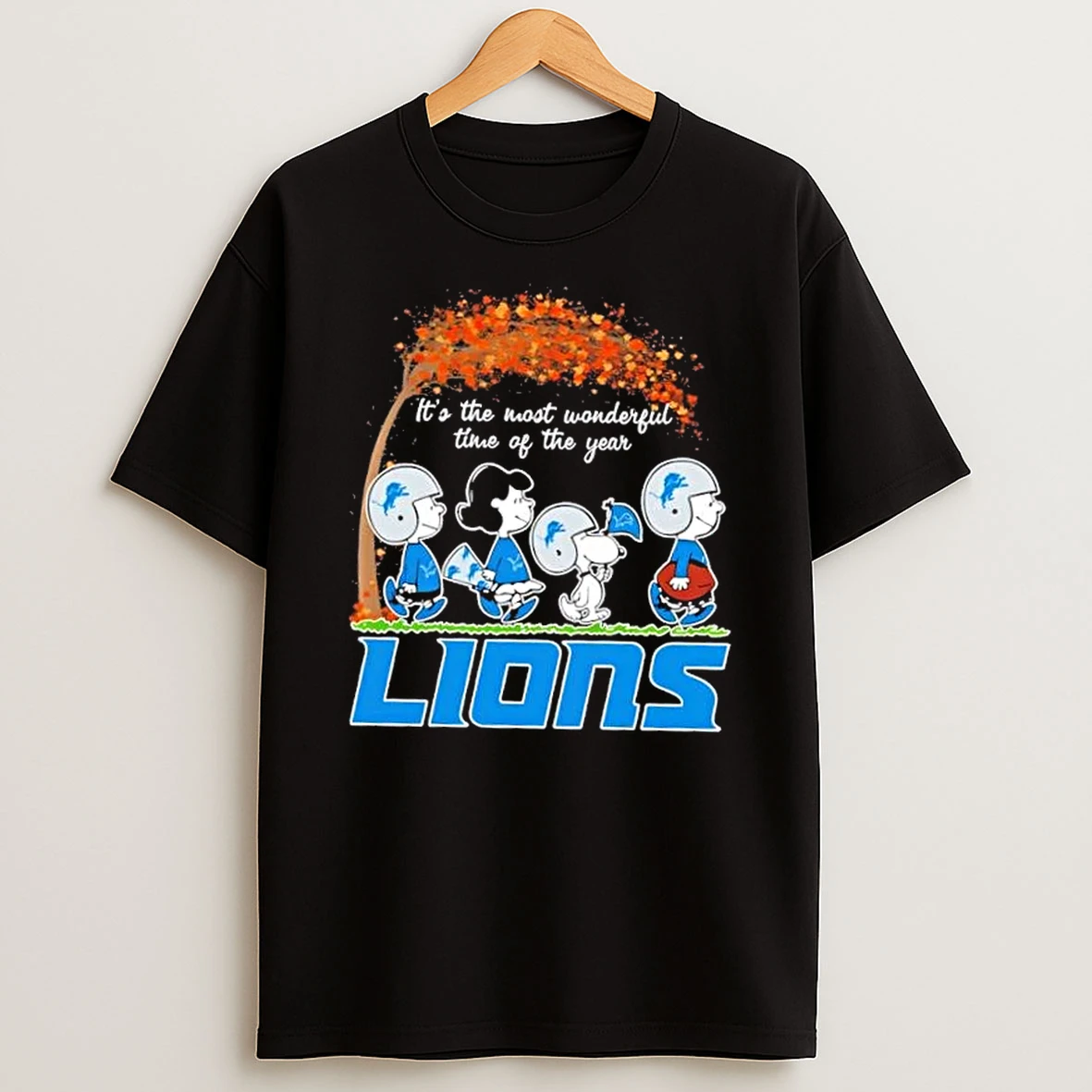 Detroit Lions X Peanuts Snoopy And Friends Autumn Its The Most Wonderful Time Of The Year Shirts