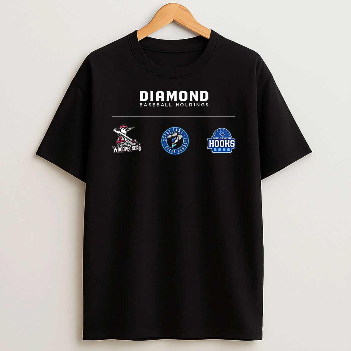 Diamond Baseball Holdings Sugar Land Space Cowboys Corpus Christi Hooks And Fayetteville Woodpeckers Logos Shirts