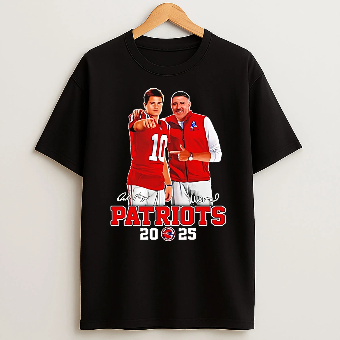 Drake Maye And Mike Vrabel New England Patriots 2025 Signatures Shirts