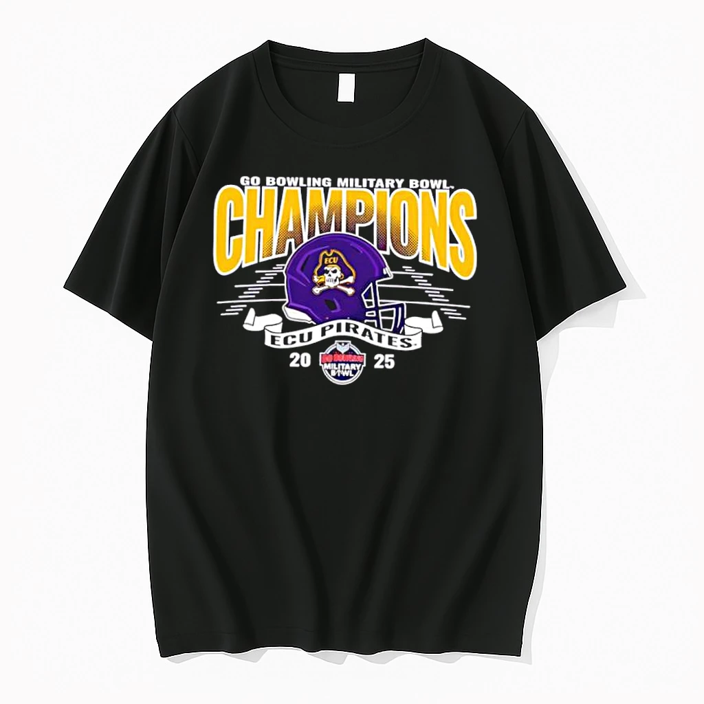 Ecu Pirates Blue 84 2025 Military Bowl Champions Helmet Banner Shirts