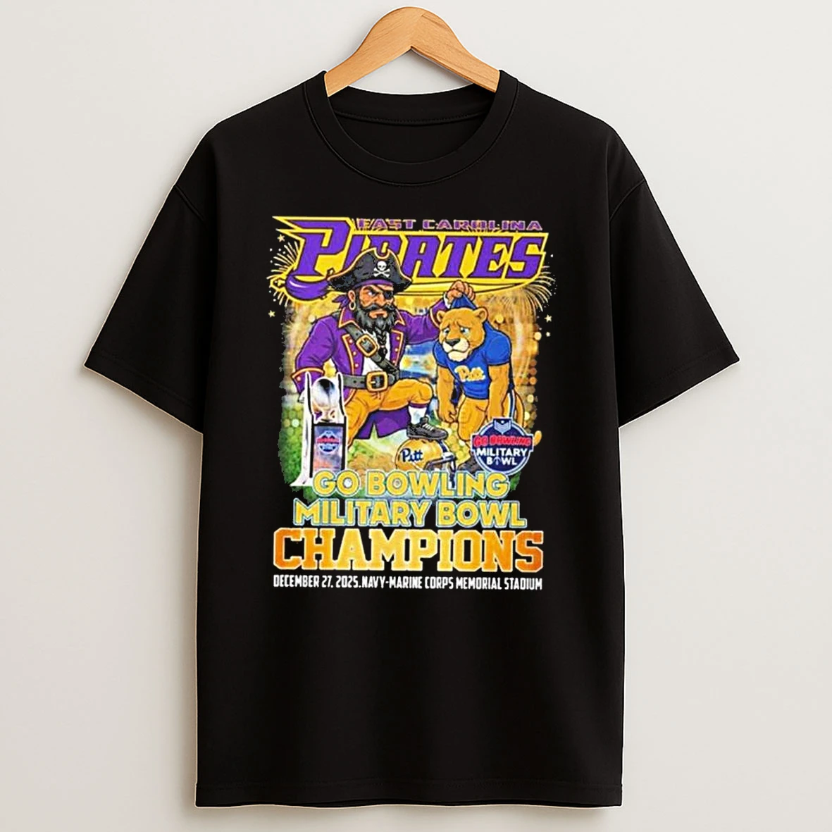 East Carolina Pirates 2025 Go Bowling Military Bowl Champions Mascot Shirts