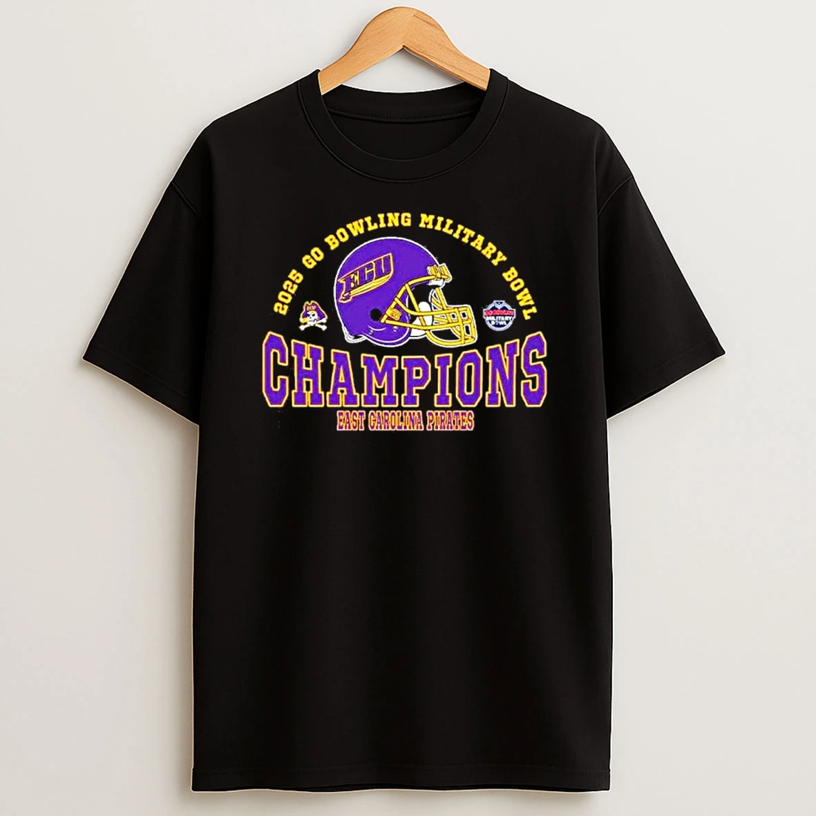 East Carolina Pirates Football 2025 Go Bowling Military Bowl Champions Shirts