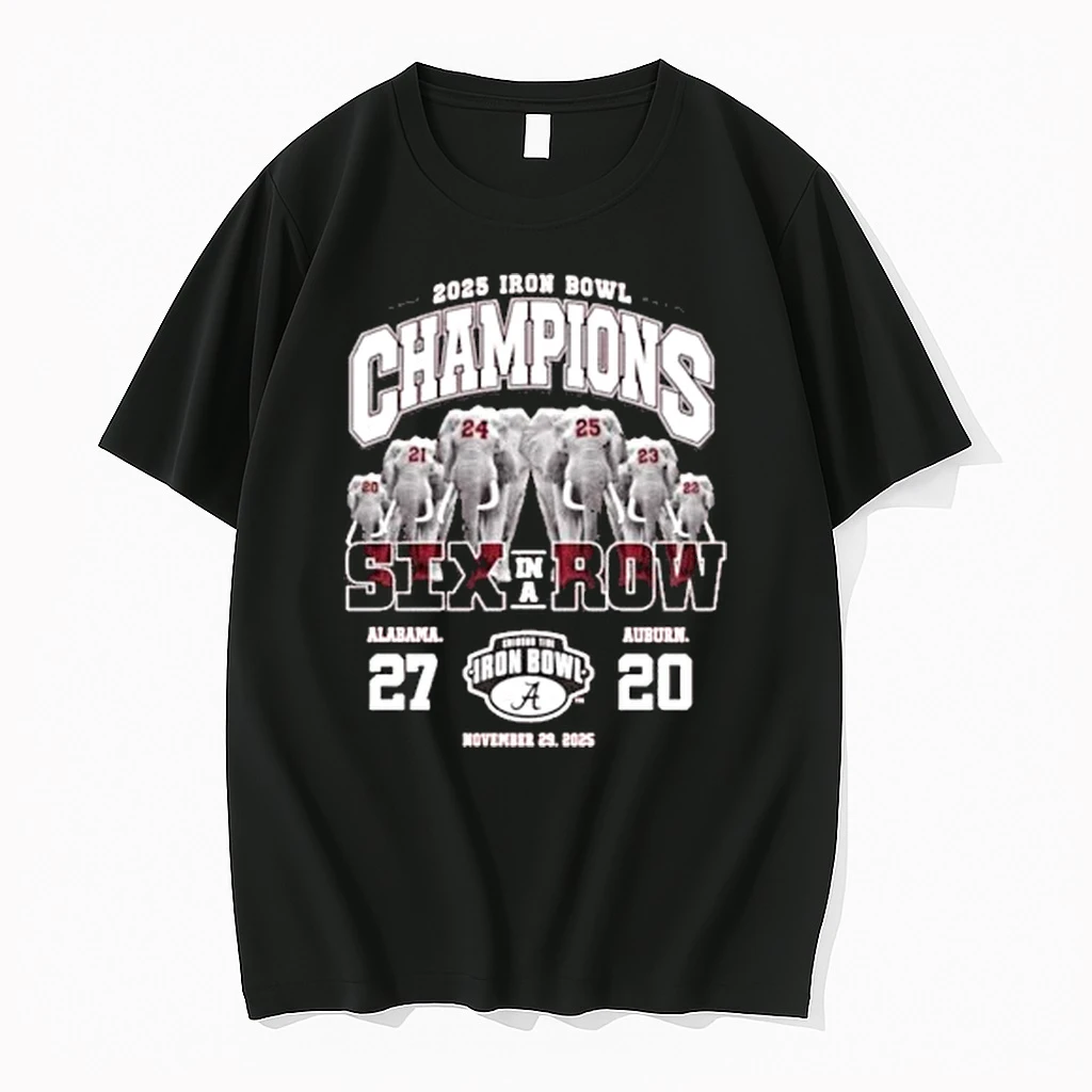Elephants Six In Row Alabama Crimson Tide 2025 Iron Bowl Champions Shirts
