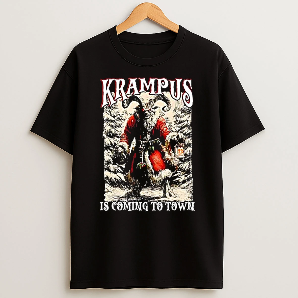 Evil Krampus Wearing Santa Suit Is Coming To Town Dark Humor Christmas Shirts