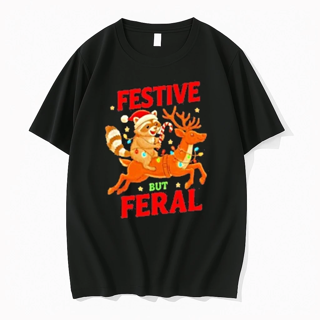 Festive But Feral Christmas Raccoon Riding Reindeer Shirts
