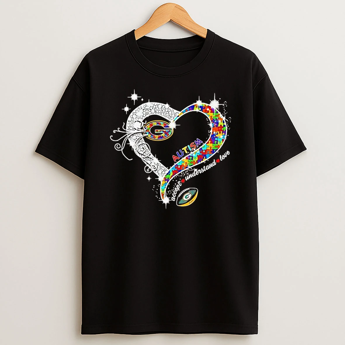 Green Bay Packers Autism Accept Understand Love Diamond Heart Shirts