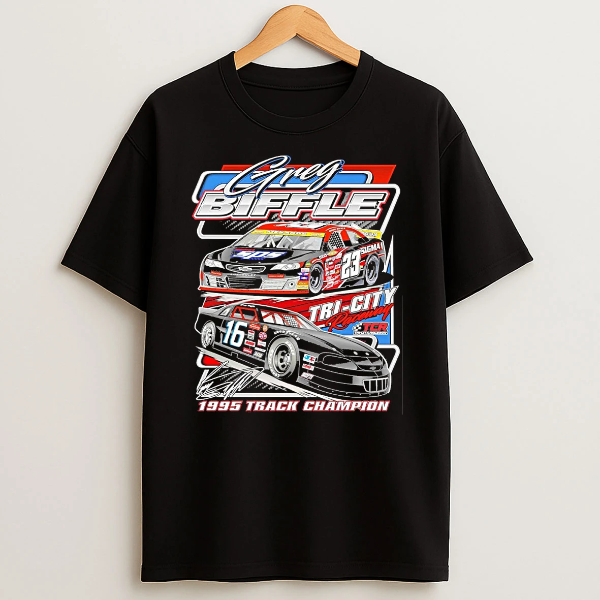 Greg Biffle 2025 Arca Past And Present Raceway 1995 Track Champion Signature Shirts