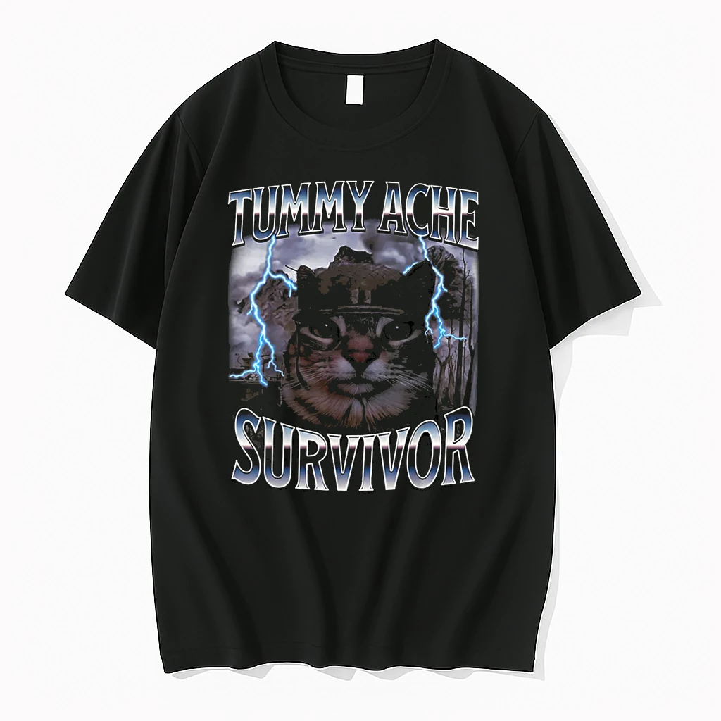 I Survived Todays Tummy Ache Funny Silly Cat Meme Shirts